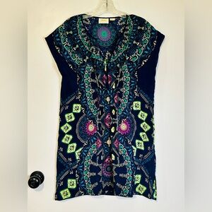 Maeve Dress Women’s Mini Kaftan V Neck Festival Boho Colorful 100% Silk Size XSP